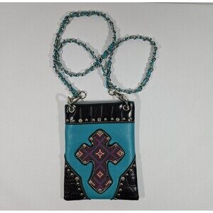 Rhinestone Studded Celtic Cross Purse Black Teal Crossbody Chain Strap